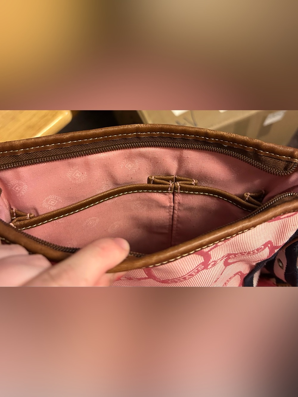 Chaps Pink Jacquard Crossbody with Brown Leather Trim and Navy-Striped Strap - Picture 6 of 7